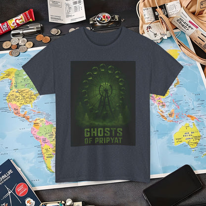 Neon Green Pripyat Ferris Wheel & Ghostly Silhouettes Tee – Chernobyl Dark Tourism Shirt | Layover Club Air Travel T-Shirts | Jetsetter, Airport, and International Flight Tees