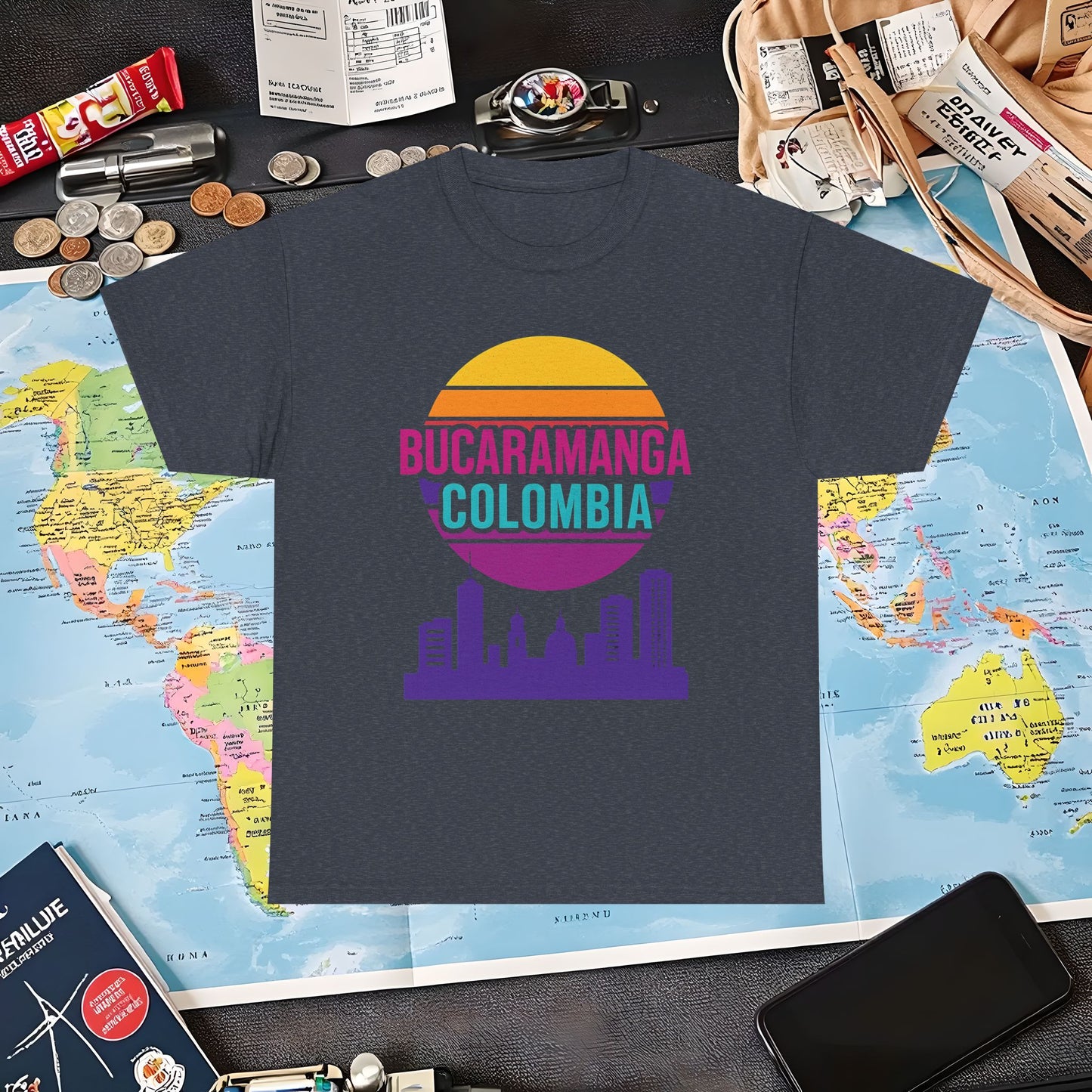 Retro Bucaramanga Skyline Sunset Tee – Vintage Colombia Travel Shirt| Layover Club Air Travel T-Shirts | Jetsetter, Airport, and International Flight Tees