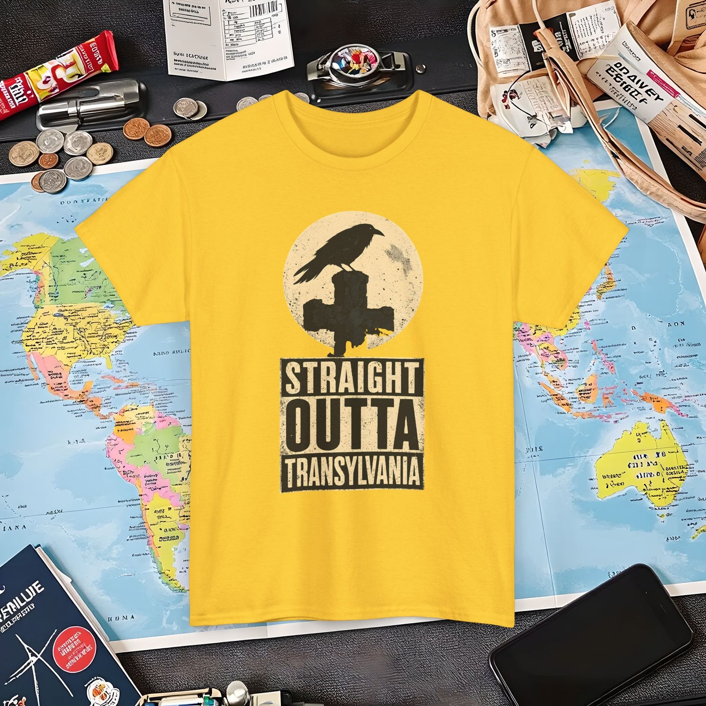 Straight Outta Transylvania Raven Cross Tee – Gothic Travel Romania Shirt | Layover Club Air Travel T-Shirts | Jetsetter, Airport, and International Flight Tees