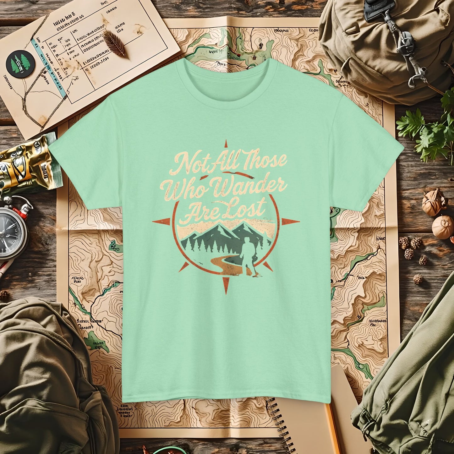 Not All Who Wander Are Lost – Vintage Compass Mountain Tee | Camping, Hiking, Rafting & Kayaking Tees for Nature Lovers