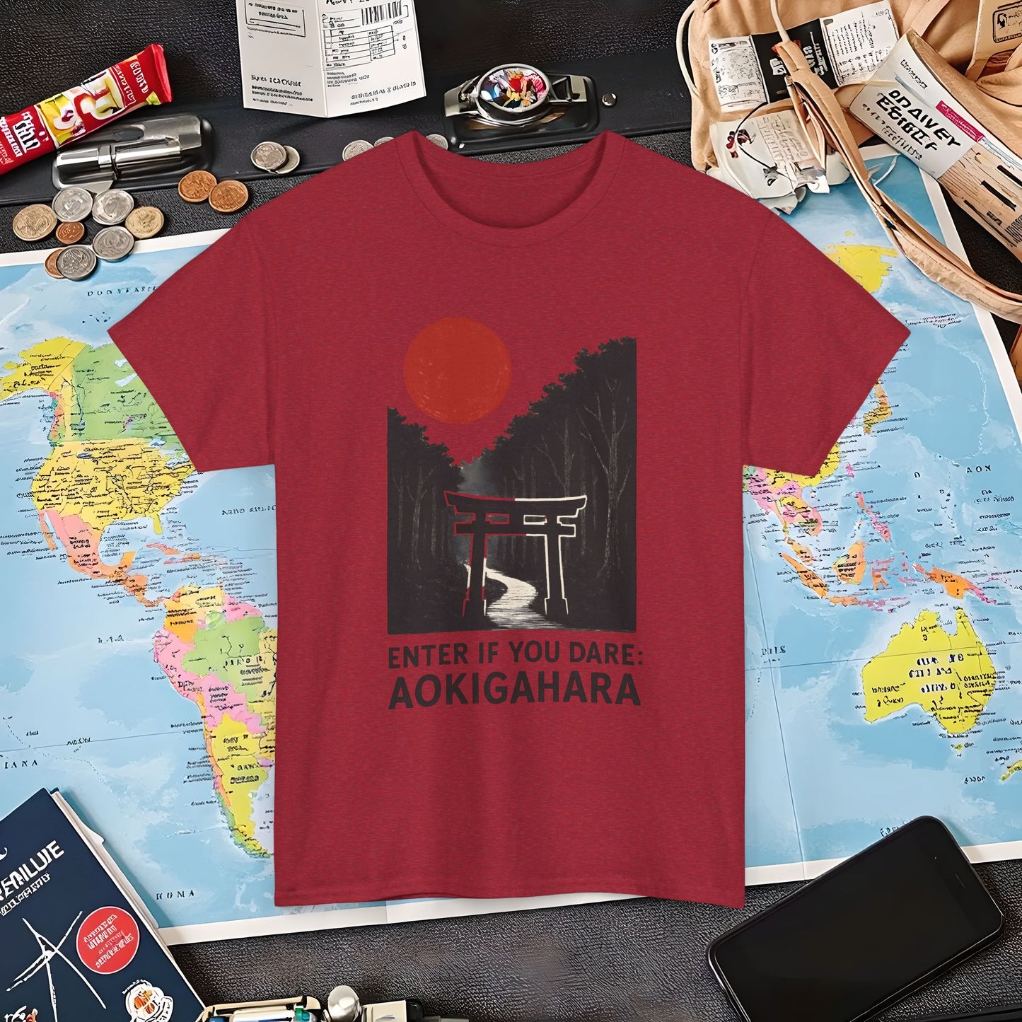 Scarlet Moon Torii – Aokigahara Forest Path Tee – Haunted Japan Travel Shirt | Layover Club Air Travel T-Shirts | Jetsetter, Airport, and International Flight Tees