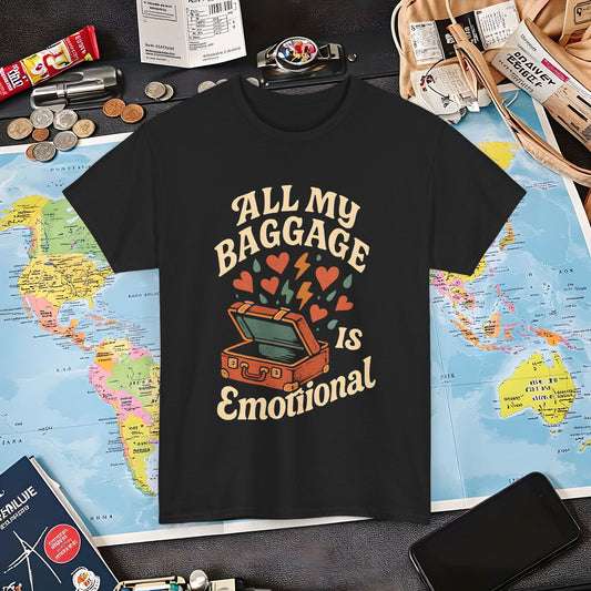 All My Baggage Is Emotional – Retro Suitcase Overflowing with Feelings Tee Air Travel T-Shirts | Jetsetter, Airport, and International Flight Tees