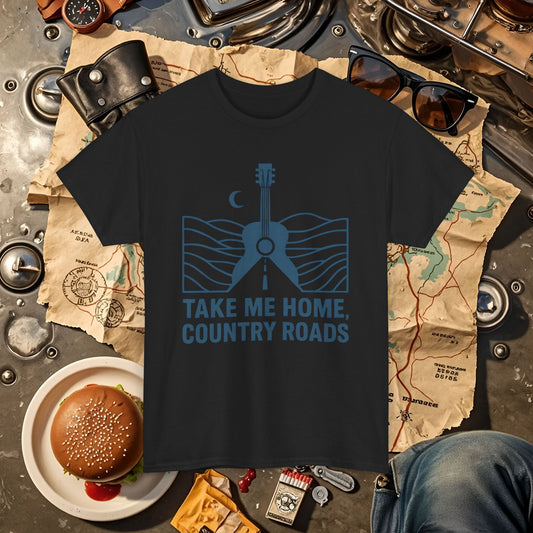 Take Me Home, Country Roads T-Shirt – Guitar Horizon & Open Highway Design Road Trip & Vehicle Travel T-Shirts | Car, RV, and Motorcycle Adventure Tees