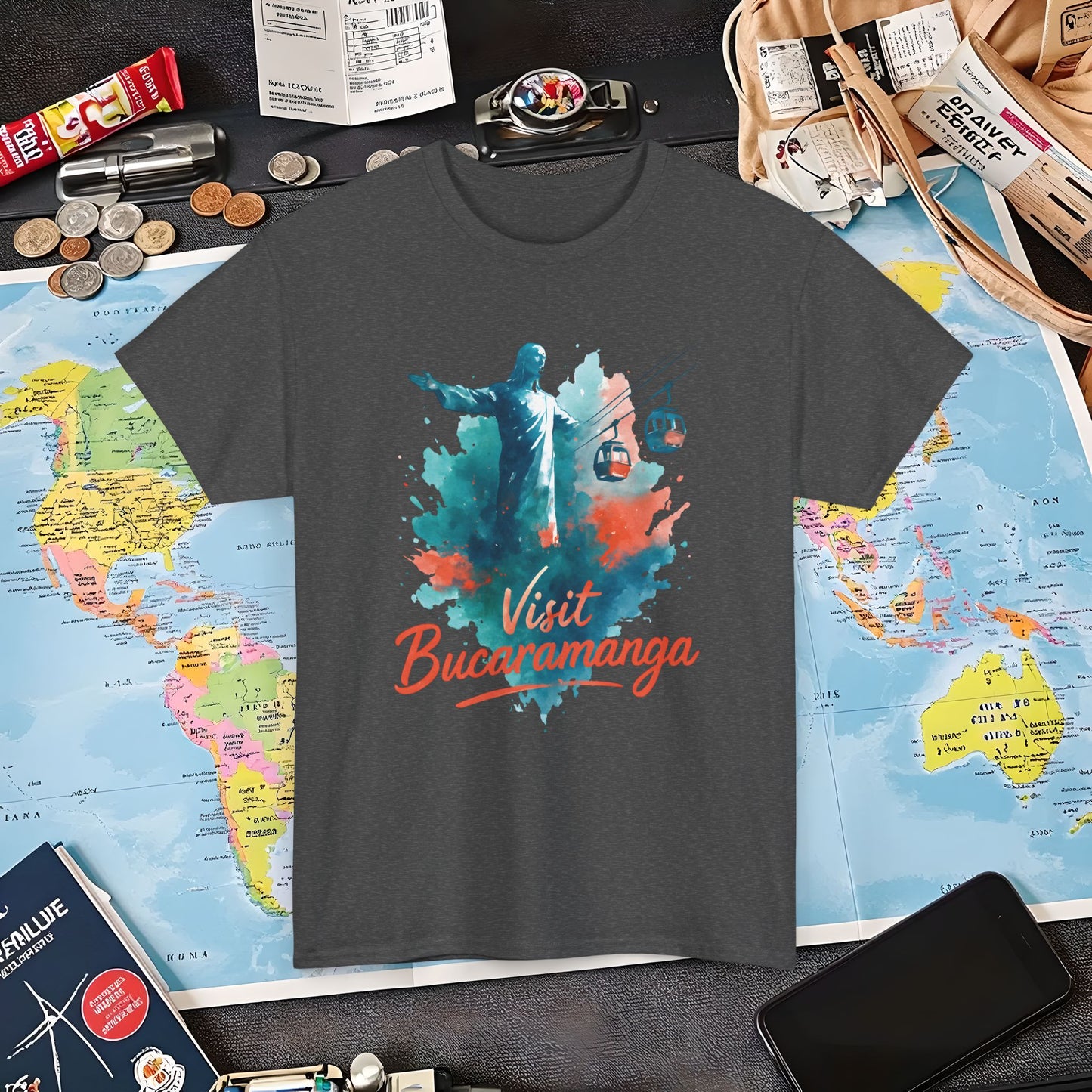 Cerro del Santísimo & Cable Car – Vibrant Watercolor Colombia Travel Tee | Layover Club Air Travel T-Shirts | Jetsetter, Airport, and International Flight Tees