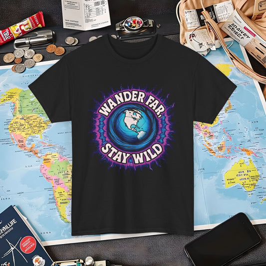 Wander Far, Stay Wild T-Shirt – Globe Burst Adventure Design Air Travel T-Shirts | Jetsetter, Airport, and International Flight Tees