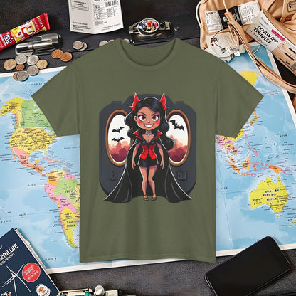 Vampire Flight Attendant T-Shirt – Gothic Girl with Bats Flying Outside the Plane Air Travel T-Shirts | Jetsetter, Airport, and International Flight Tees