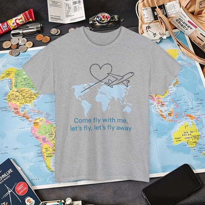Come Fly With Me T-Shirt – Heart-Loop Airplane Over World Map Design Air Travel T-Shirts | Jetsetter, Airport, and International Flight Tees