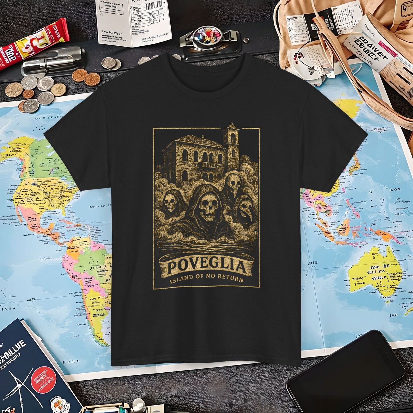Poveglia Haunt – Ghostly Apparitions in Venetian Fog Tee – Haunted Italy Travel Shirt | Layover Club Air Travel T-Shirts | Jetsetter, Airport, and International Flight Tees