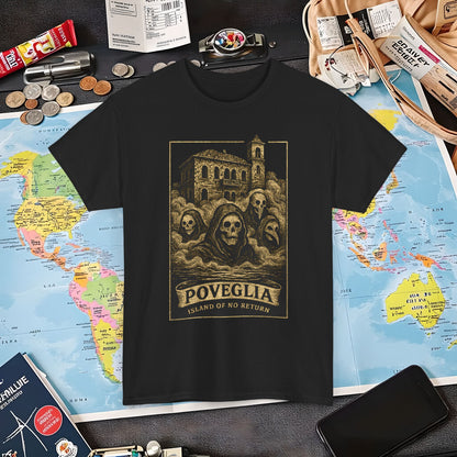 Poveglia Haunt – Ghostly Apparitions in Venetian Fog Tee – Haunted Italy Travel Shirt | Layover Club Air Travel T-Shirts | Jetsetter, Airport, and International Flight Tees