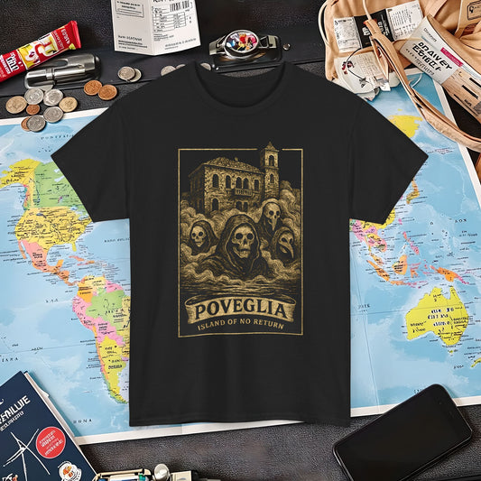 Poveglia Haunt – Ghostly Apparitions in Venetian Fog Tee – Haunted Italy Travel Shirt | Layover Club Air Travel T-Shirts | Jetsetter, Airport, and International Flight Tees