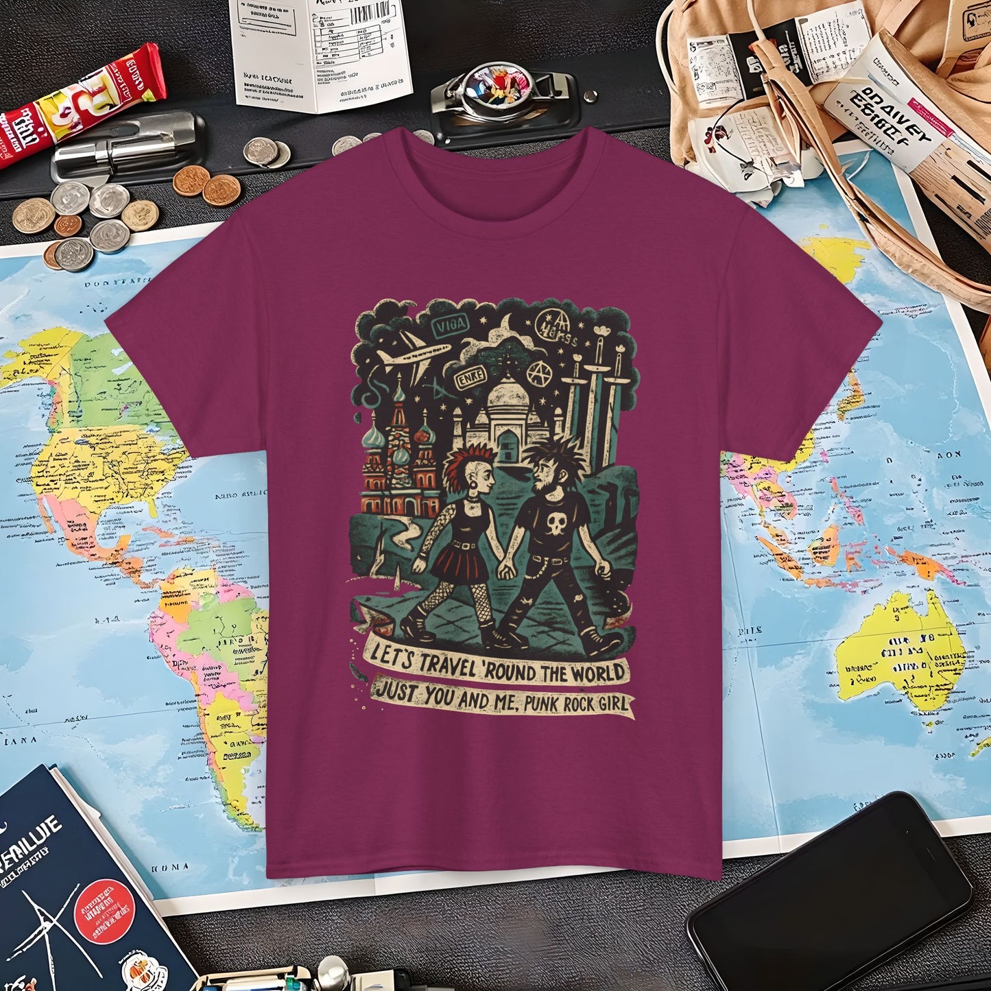 Let’s Travel 'Round the World, Just You and Me – Punk Rock Girl Global Adventure Tee Air Travel T-Shirts | Jetsetter, Airport, and International Flight Tees