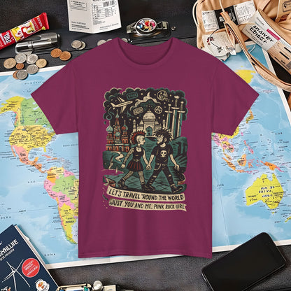 Let’s Travel 'Round the World, Just You and Me – Punk Rock Girl Global Adventure Tee Air Travel T-Shirts | Jetsetter, Airport, and International Flight Tees
