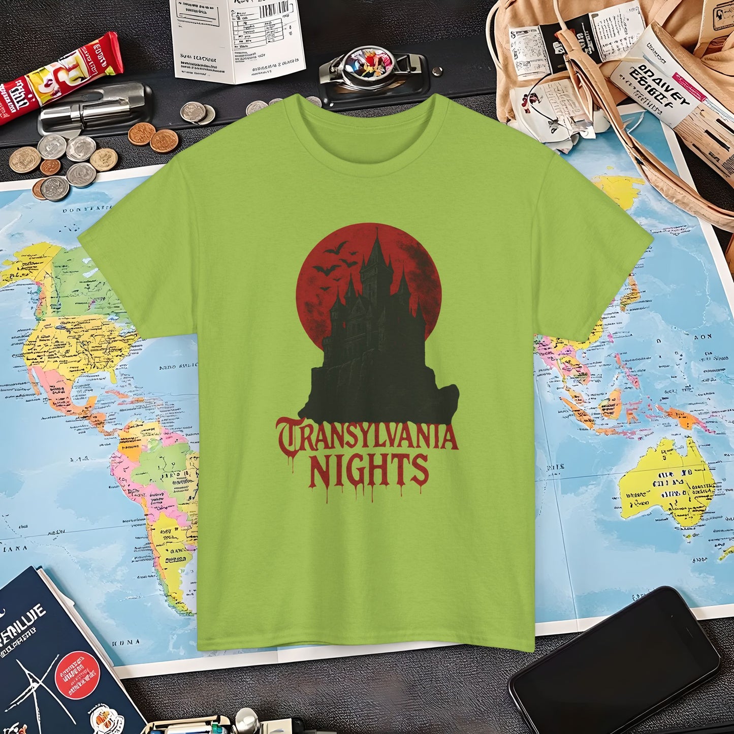 Transylvania Nights Tee – Gothic Castle Under Crimson Moon | Layover Club Air Travel T-Shirts | Jetsetter, Airport, and International Flight Tees