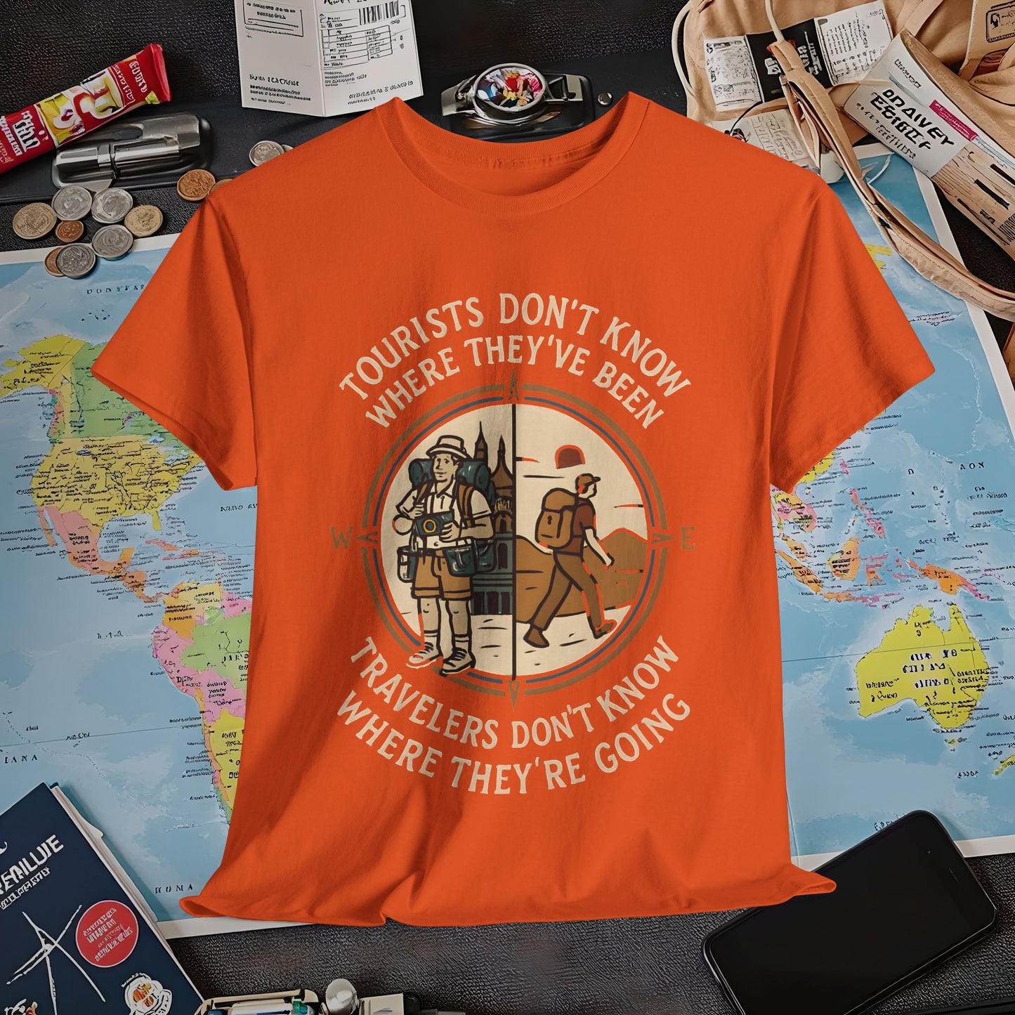 Tourists vs. Travelers – Vintage Compass Emblem Quote Tee | Layover Club Air Travel T-Shirts | Jetsetter, Airport, and International Flight Tees