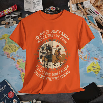 Tourists vs. Travelers – Vintage Compass Emblem Quote Tee | Layover Club Air Travel T-Shirts | Jetsetter, Airport, and International Flight Tees
