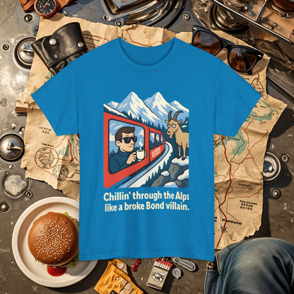 Glacier Express Chill Tee – Skeptical Goat in the Alps Vibe Road Trip & Vehicle Travel T-Shirts | Car, RV, and Motorcycle Adventure Tees