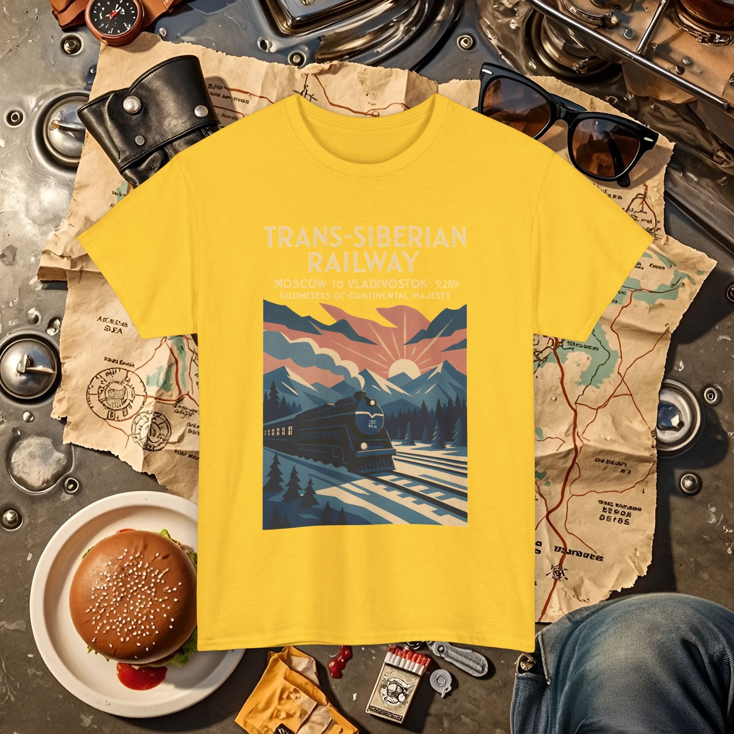 Trans-Siberian Twilight – Art Deco Russian Train Journey Tee Road Trip & Vehicle Travel T-Shirts | Car, RV, and Motorcycle Adventure Tees