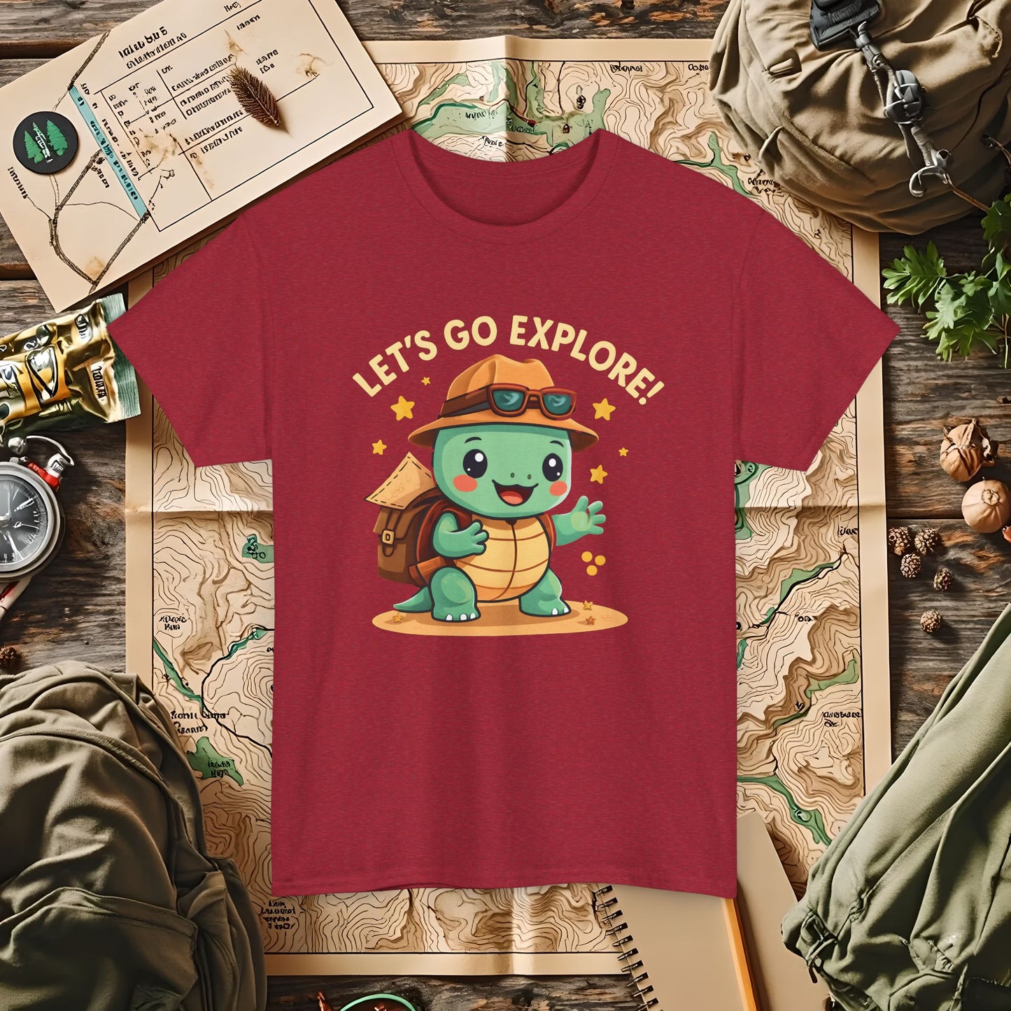 Let’s Go Explore T-Shirt – Cute Turtle Explorer with Travel Gear Design | Camping, Hiking, Rafting & Kayaking Tees for Nature Lovers