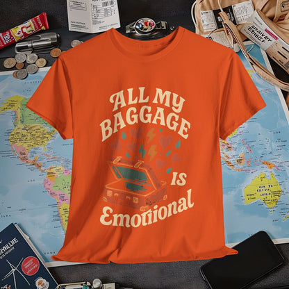 All My Baggage Is Emotional – Retro Suitcase Overflowing with Feelings Tee Air Travel T-Shirts | Jetsetter, Airport, and International Flight Tees