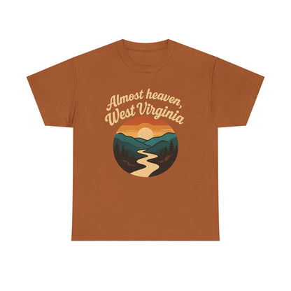 Almost Heaven, West Virginia T-Shirt – Vintage Appalachian Sunset with Winding River Road Trip & Vehicle Travel T-Shirts | Car, RV, and Motorcycle Adventure Tees