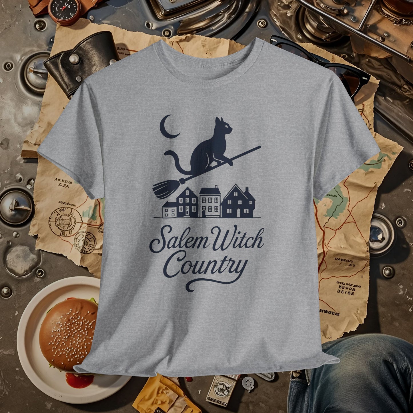 Midnight Cat on Broom – Salem Witch Country Silhouette Tee | Car, RV, and Motorcycle Adventure Tees