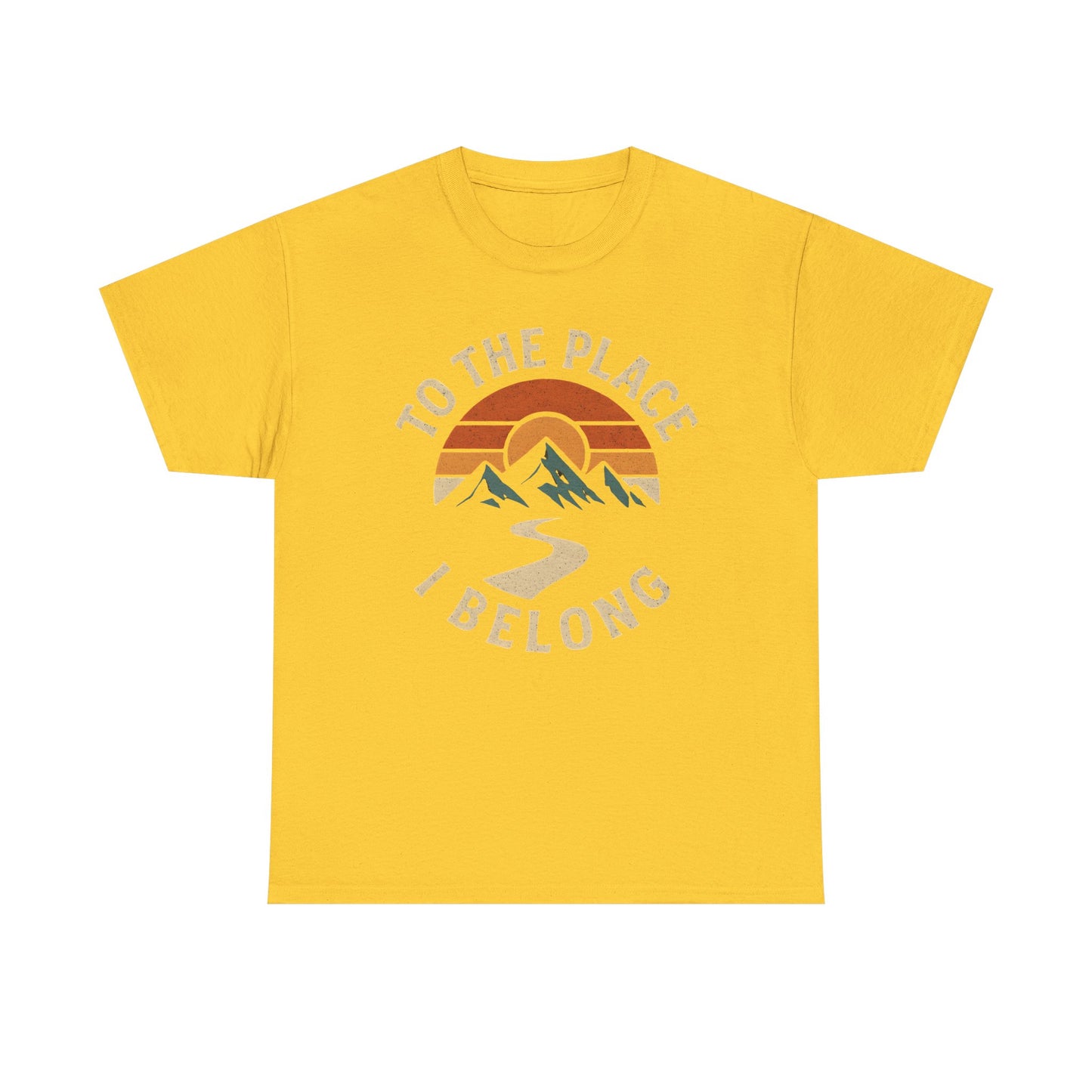 To the Place I Belong T-Shirt – Retro Sunset Mountain Road Travel Badge Road Trip & Vehicle Travel T-Shirts | Car, RV, and Motorcycle Adventure Tees