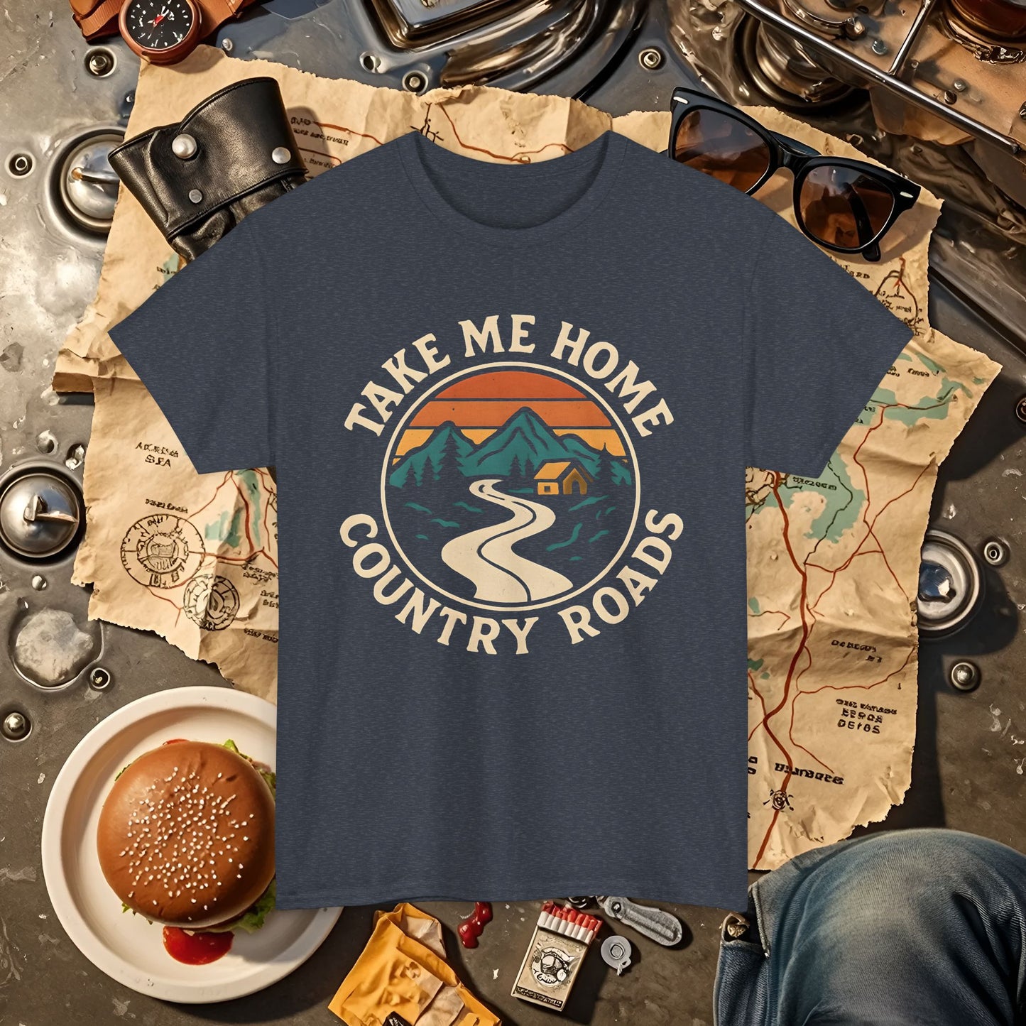 Take Me Home Country Roads T-Shirt – Retro Mountain Road to Cozy Cabin Design Road Trip & Vehicle Travel T-Shirts | Car, RV, and Motorcycle Adventure Tees
