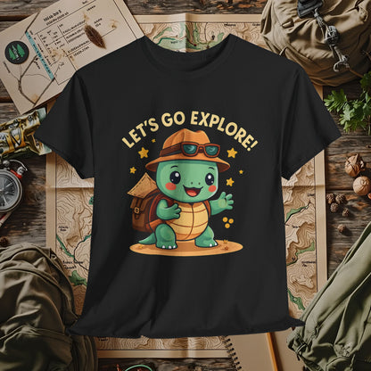 Let’s Go Explore T-Shirt – Cute Turtle Explorer with Travel Gear Design | Camping, Hiking, Rafting & Kayaking Tees for Nature Lovers