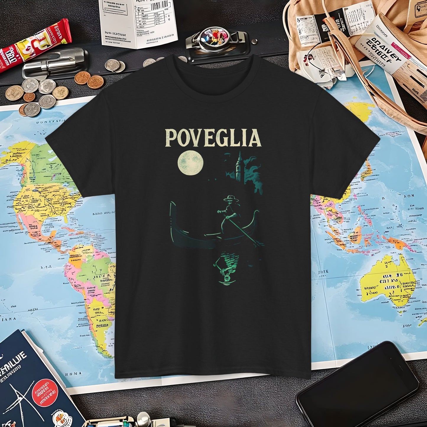 Phosphorescent Gondolier on Haunted Poveglia Tee – Ghostly Venice Dark Tourism Shirt | Layover Club Air Travel T-Shirts | Jetsetter, Airport, and International Flight Tees
