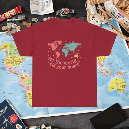 Let the World Fill Your Heart T-Shirt – World Map Adventure Design Air Travel T-Shirts | Jetsetter, Airport, and International Flight Tees