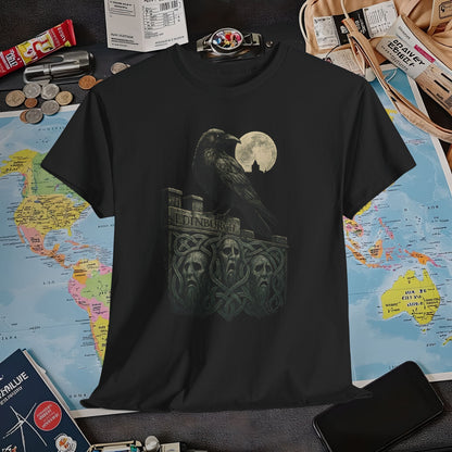 Gothic Crow on Edinburgh’s Haunted Battlements Tee – Dark Tourism Scotland Shirt | Layover Club Air Travel T-Shirts | Jetsetter, Airport, and International Flight Tees