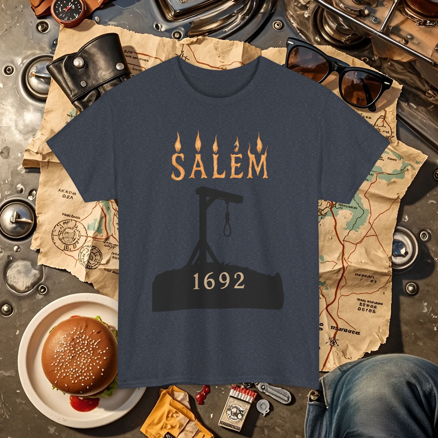 Salem 1692 Gothic Noose & Candle Flame Typography Tee – Witch Trials Dark History Shirt | Car, RV, and Motorcycle Adventure Tees