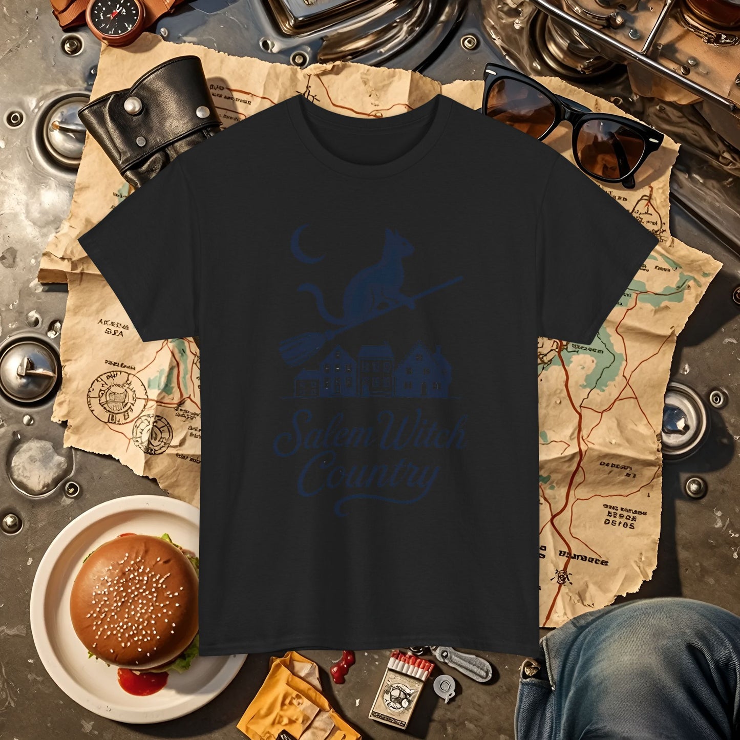 Midnight Cat on Broom – Salem Witch Country Silhouette Tee | Car, RV, and Motorcycle Adventure Tees