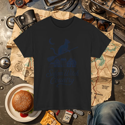 Midnight Cat on Broom – Salem Witch Country Silhouette Tee | Car, RV, and Motorcycle Adventure Tees