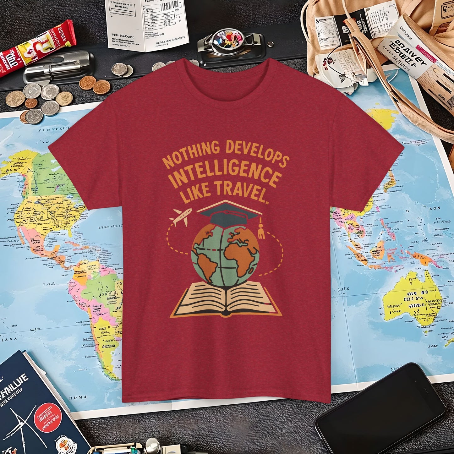 Nothing Develops Intelligence Like Travel – Globe Graduation Wisdom Tee | Layover Club Air Travel T-Shirts | Jetsetter, Airport, and International Flight Tees