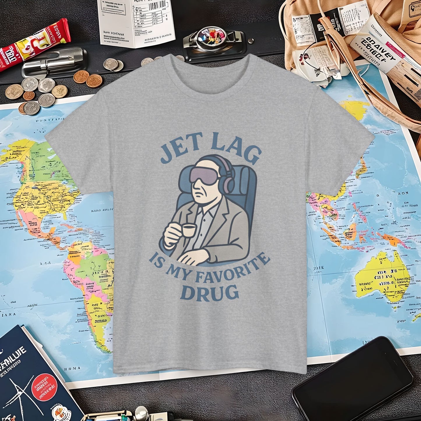 Jet Lag Is My Favorite Drug – Vintage Espresso & Travel Vibes Tee Air Travel T-Shirts | Jetsetter, Airport, and International Flight Tees