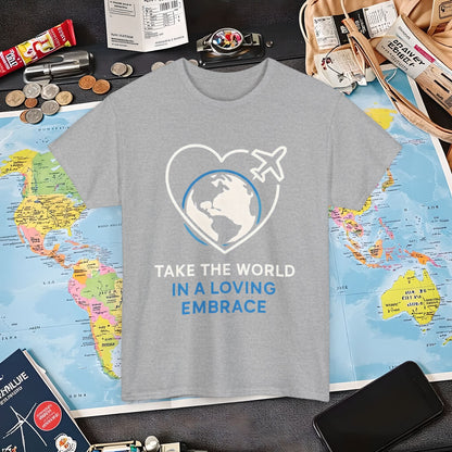 Take the World in a Loving Embrace T-Shirt – Heart in Flight Over Globe Design Air Travel T-Shirts | Jetsetter, Airport, and International Flight Tees