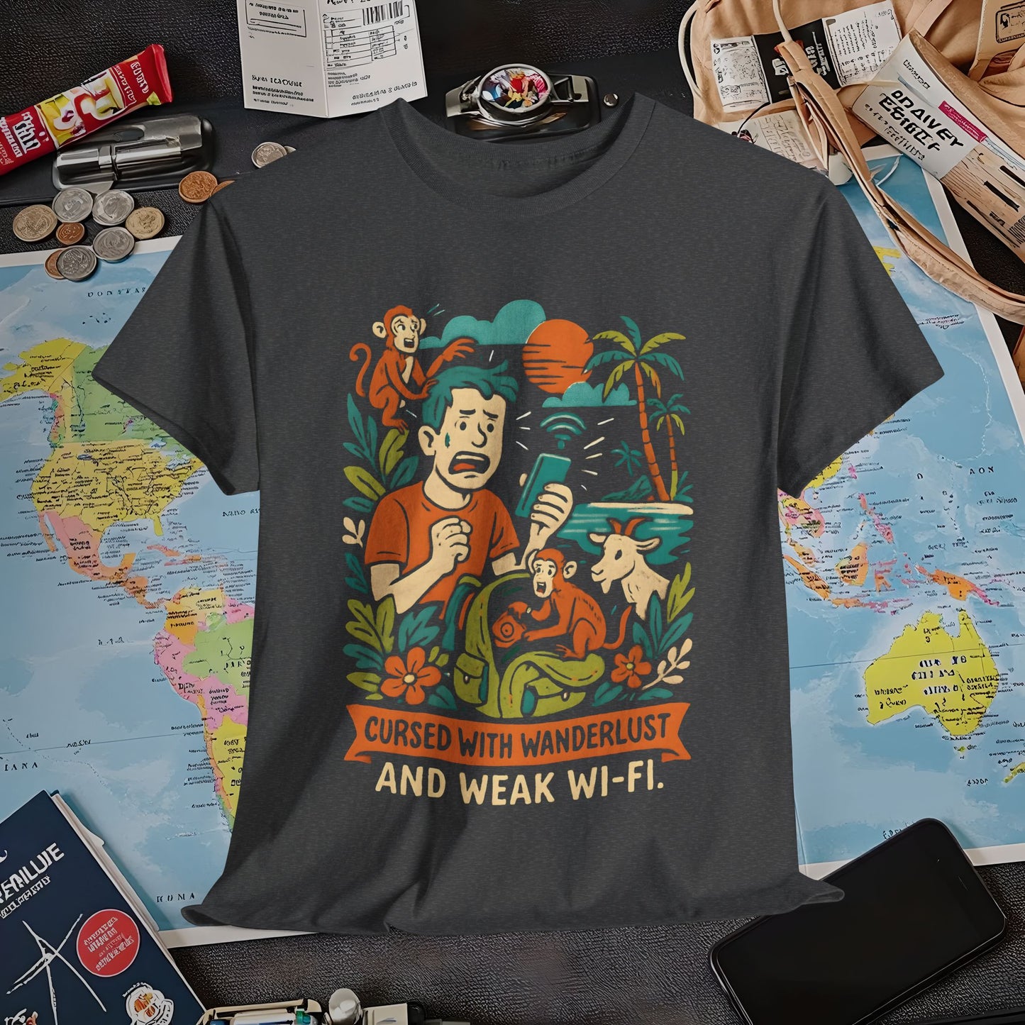 Cursed with Wanderlust and Weak Wi-Fi – Funny Tropical Traveler Frustration Tee Travel T-Shirts | Jetsetter, Airport, and International Flight Tees
