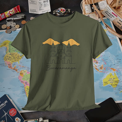 Bucaramanga Cathedral with Andes Silhouette – Vintage Colombia Travel Tee | Layover Club Air Travel T-Shirts | Jetsetter, Airport, and International Flight Tees