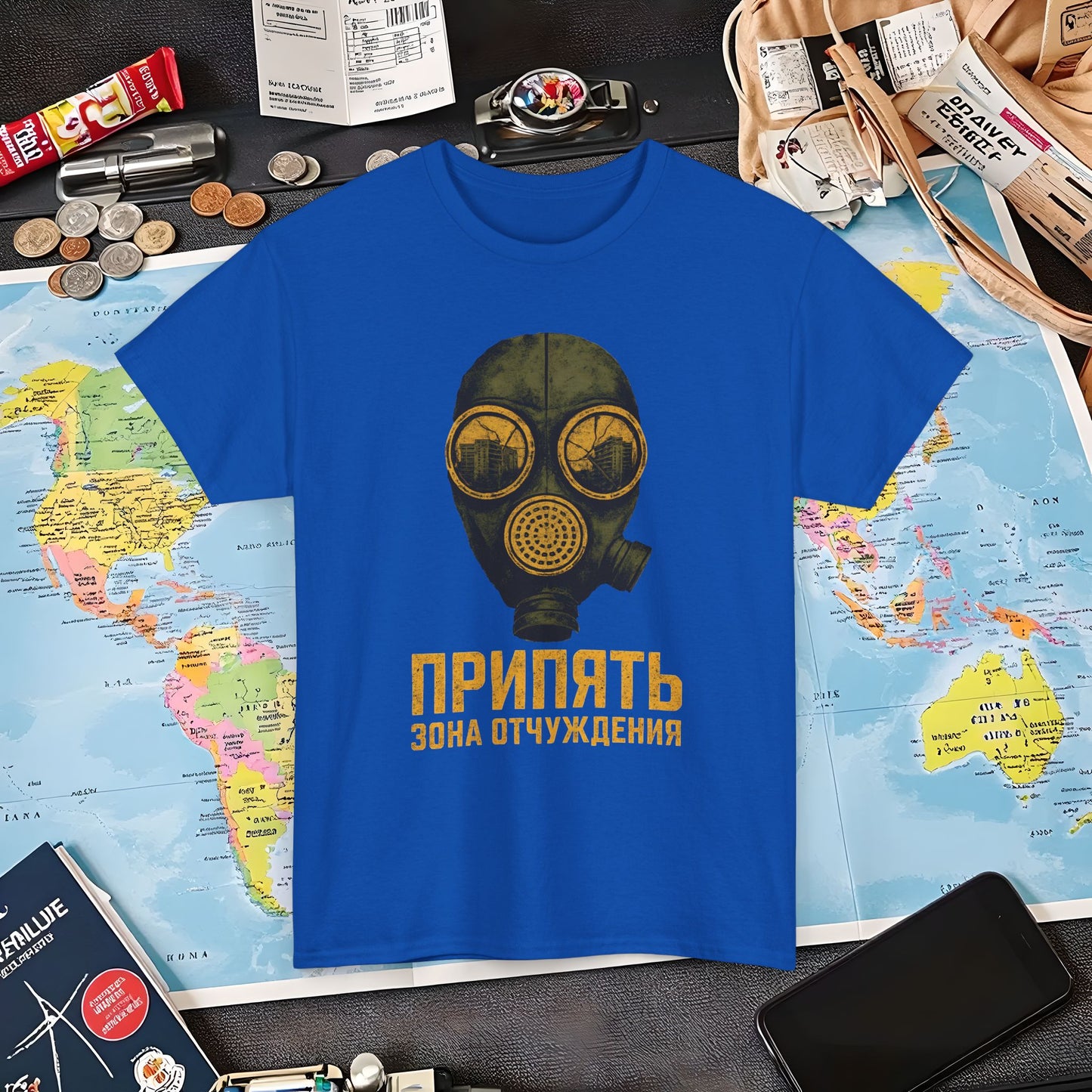 Pripyat Gas Mask with Ruined Apartment Reflection Tee – Chernobyl Dark Tourism Shirt | Layover Club Air Travel T-Shirts | Jetsetter, Airport, and International Flight Tees