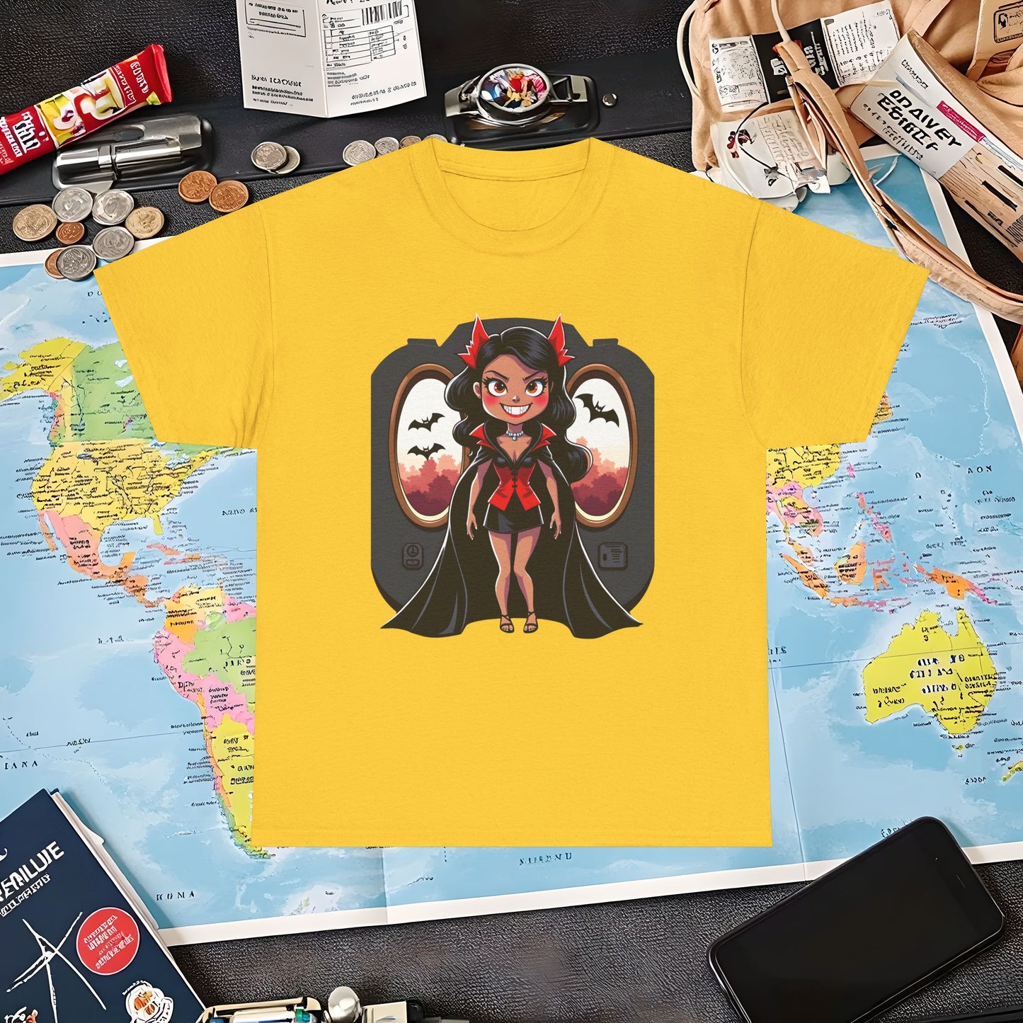 Vampire Flight Attendant T-Shirt – Gothic Girl with Bats Flying Outside the Plane Air Travel T-Shirts | Jetsetter, Airport, and International Flight Tees