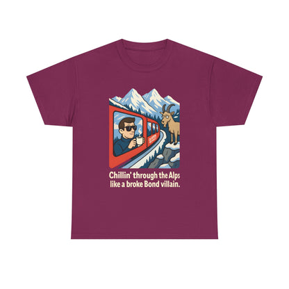 Glacier Express Chill Tee – Skeptical Goat in the Alps Vibe Road Trip & Vehicle Travel T-Shirts | Car, RV, and Motorcycle Adventure Tees