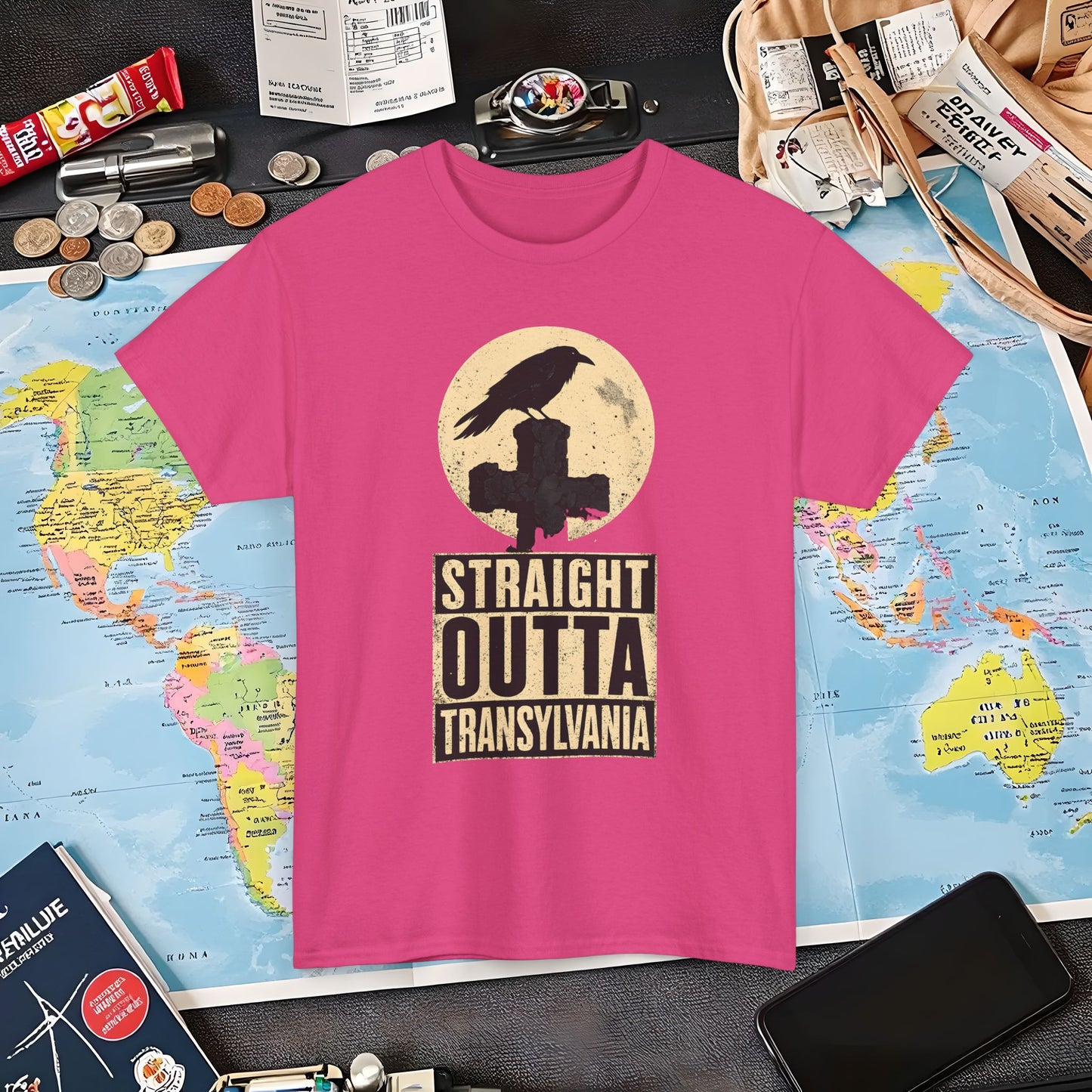 Straight Outta Transylvania Raven Cross Tee – Gothic Travel Romania Shirt | Layover Club Air Travel T-Shirts | Jetsetter, Airport, and International Flight Tees