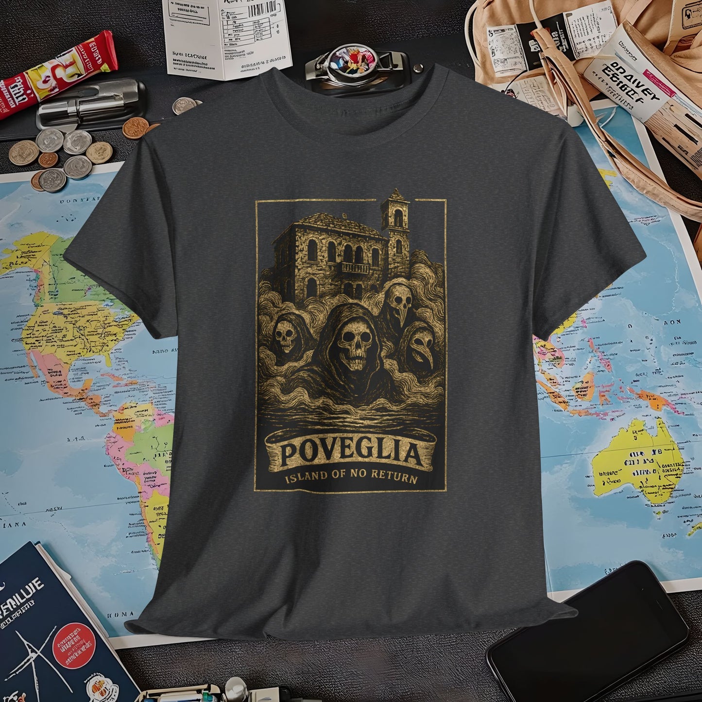 Poveglia Haunt – Ghostly Apparitions in Venetian Fog Tee – Haunted Italy Travel Shirt | Layover Club Air Travel T-Shirts | Jetsetter, Airport, and International Flight Tees