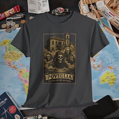 Poveglia Haunt – Ghostly Apparitions in Venetian Fog Tee – Haunted Italy Travel Shirt | Layover Club Air Travel T-Shirts | Jetsetter, Airport, and International Flight Tees