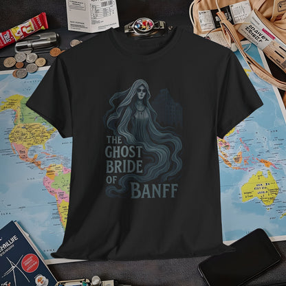 Ghostly Bride at Banff Springs Hotel Shirt – Haunted Canadian Hotel Dark Tourism Tee | Layover Club Air Travel T-Shirts | Jetsetter, Airport, and International Flight Tees