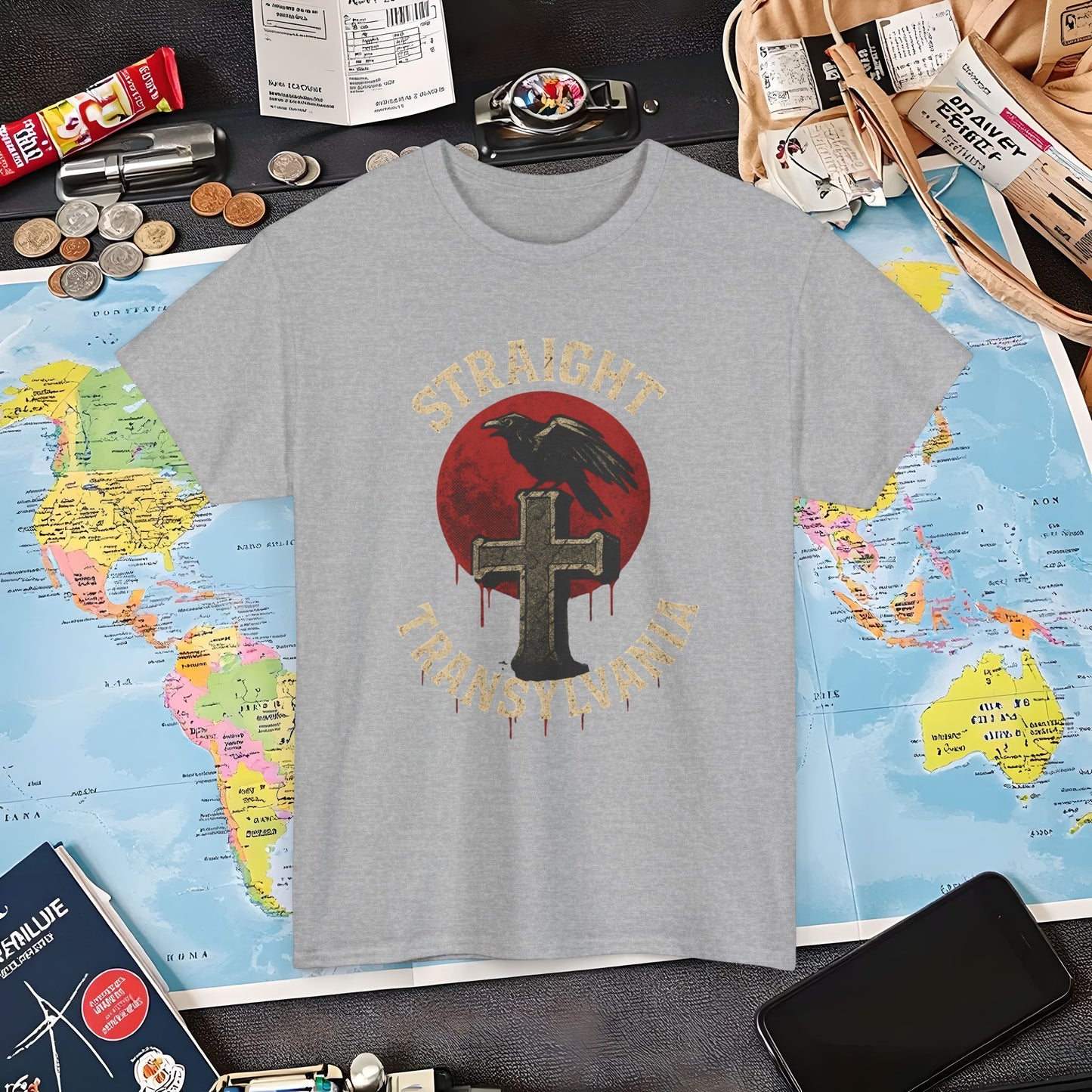 Blood Moon Raven Gothic Cross Tee – Dark Transylvania Travel Shirt | Layover Club Air Travel T-Shirts | Jetsetter, Airport, and International Flight Tees