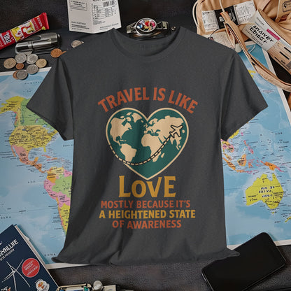 Travel Is Like Love – Heart Map Quote Tee with Airplane Path | Layover Club Air Travel T-Shirts | Jetsetter, Airport, and International Flight Tees