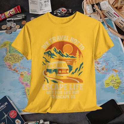 Travel Not to Escape Life – Retro Van & Sunset Road Adventure Tee | Layover Club Air Travel T-Shirts | Jetsetter, Airport, and International Flight Tees
