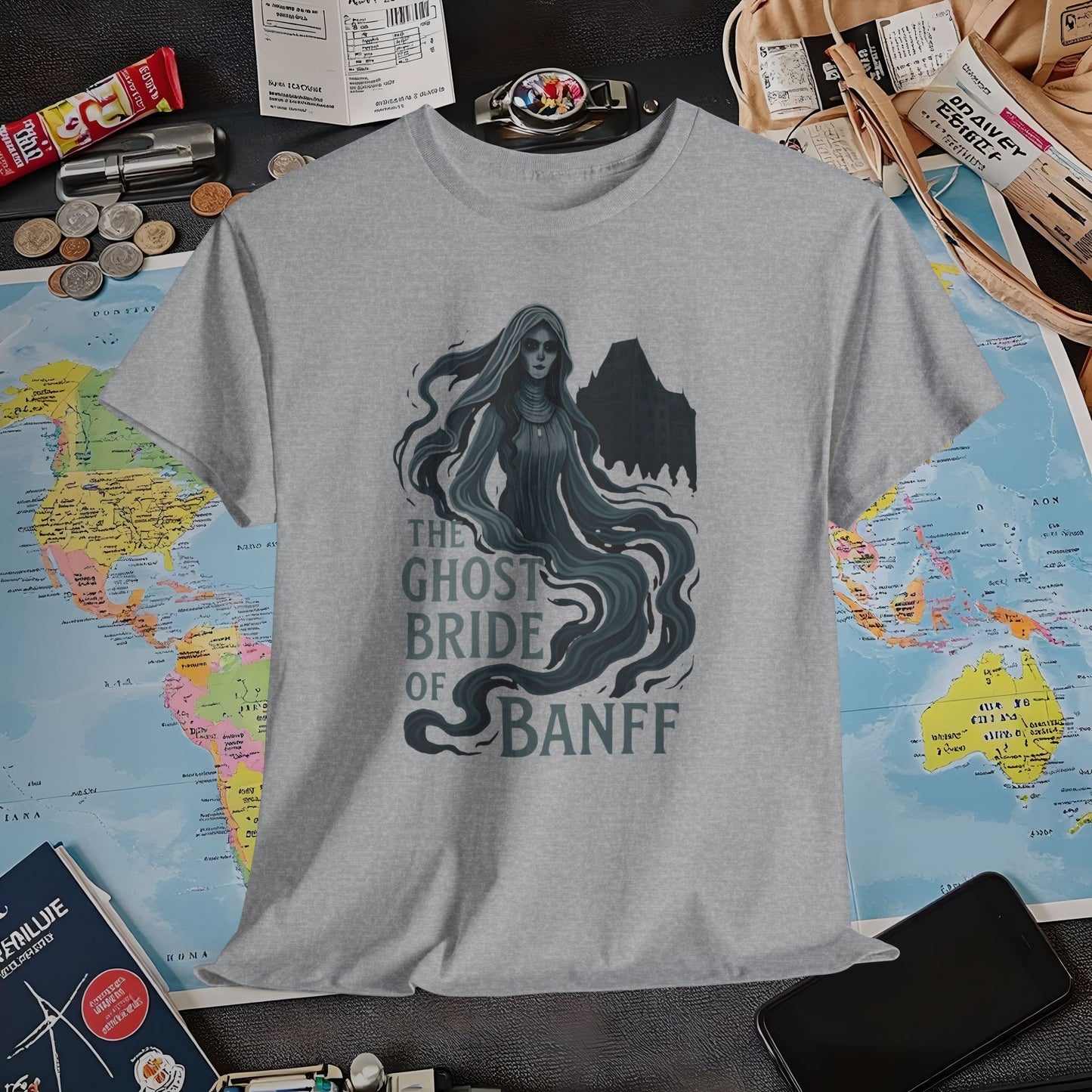 Ghostly Bride at Banff Springs Hotel Shirt – Haunted Canadian Hotel Dark Tourism Tee | Layover Club Air Travel T-Shirts | Jetsetter, Airport, and International Flight Tees